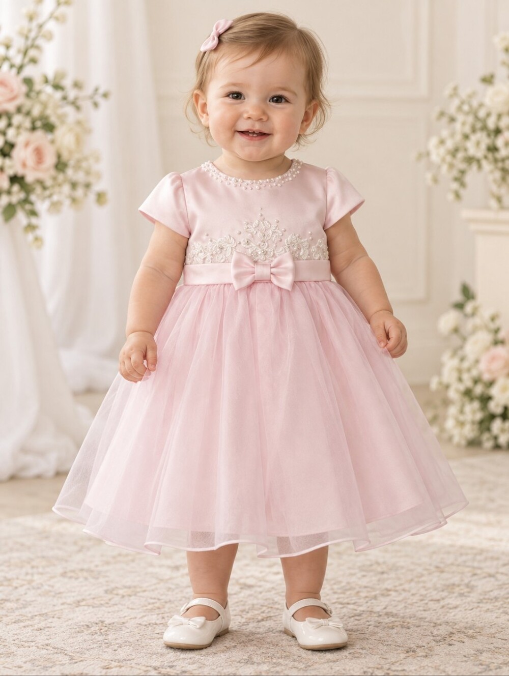 NWT Sarah Louise Luxury Beaded Embroided Elegant Pink Bow Flower Girl Dress 12M